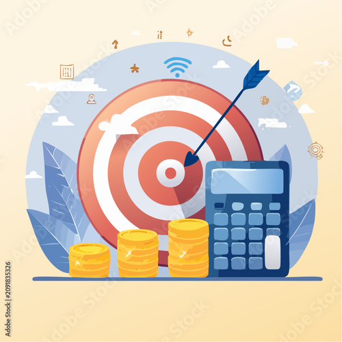 Target with arrow, coins, and calculator flat vector illustration