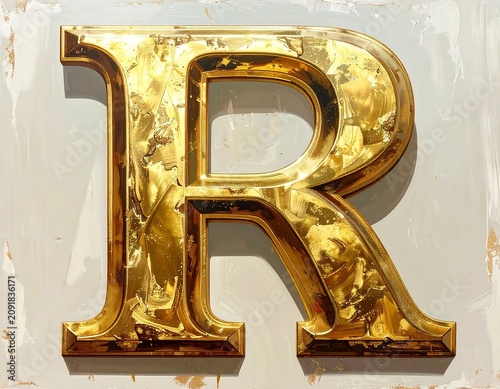 Glossy Golden Letter R Displayed on Textured White Background