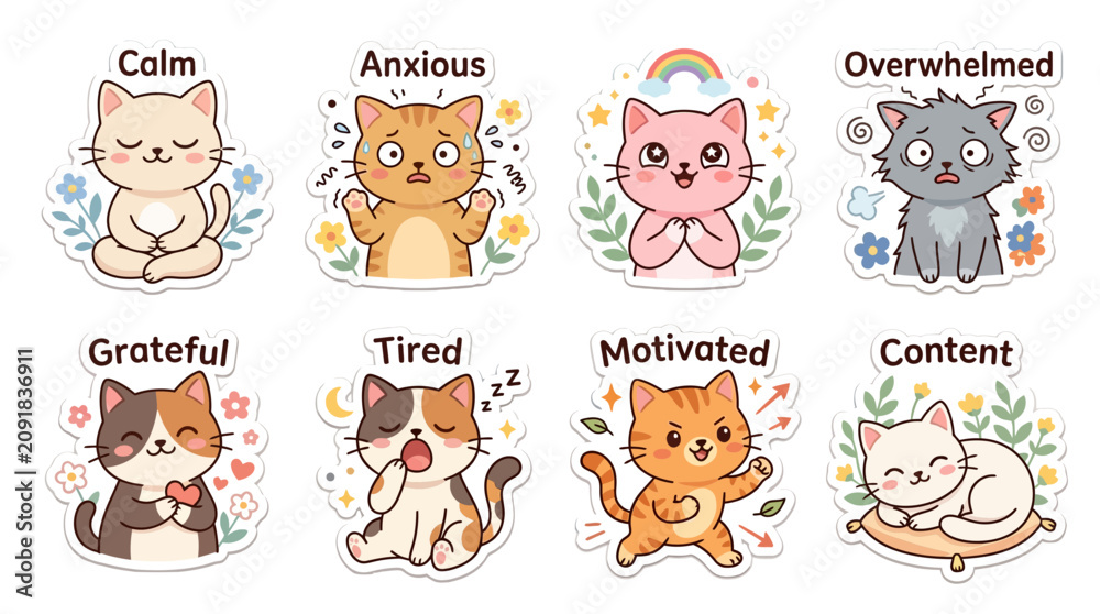 Fototapeta premium Collection of eight adorable cartoon cats expressing various emotions and feelings.