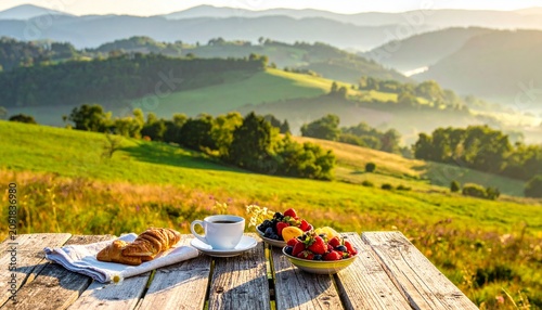 Serene picnic setup with fresh fruit and mountain backdrop.