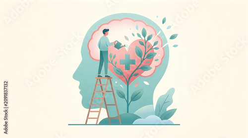 Person watering a plant inside a human head shape representing mental health and personal growth