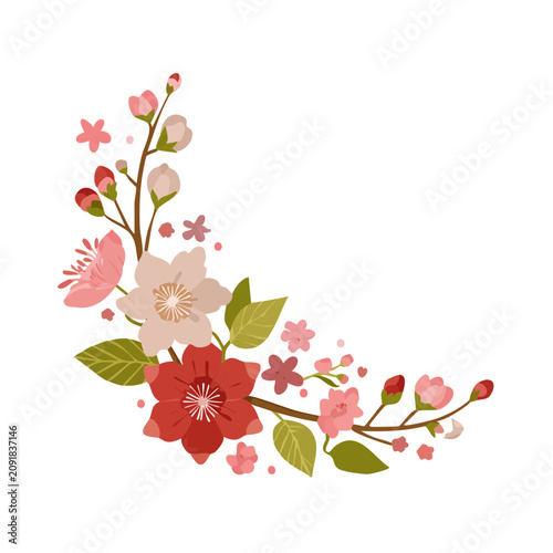 Pink and red flower branch corner illustration