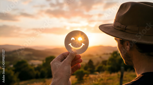 Man wearing a hat holding a smiley face card against the sunset over a beautiful rolling landscape