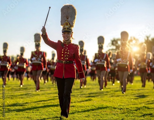 Smiling Young Drum Major Leading Marching Band on Sunny Football Field
