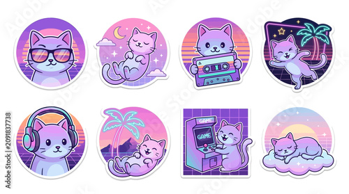 Collection of eight adorable retro 80s style cat stickers with various cute poses and accessories.