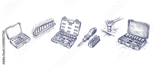 Foto Socket wrench tool set illustration featuring hand drawn screwdrivers, sockets,