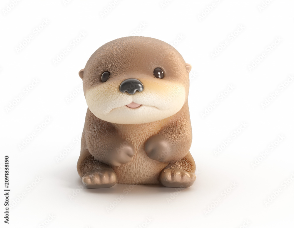 Fototapeta premium A cute brown otter toy sits on a plain surface looking forward.