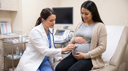 Pregnant woman receiving prenatal checkup from female doctor in clinic