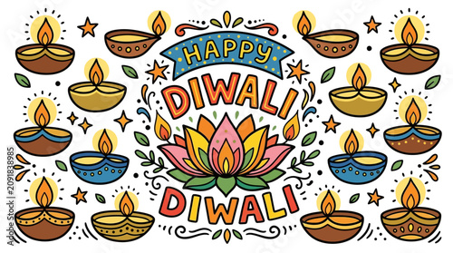 Colorful Diwali Celebration Illustration Featuring Diya Lamps and a Lotus Flower with Decorative Elements