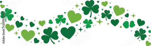 Fotografie Green shamrock border vector wave, Saint Patricks Day clover and hearts wave iso