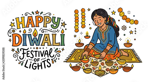 Colorful Diwali Celebration Illustration with Woman Creating Traditional Diya Lamps and Festive Decorations for the Festival of