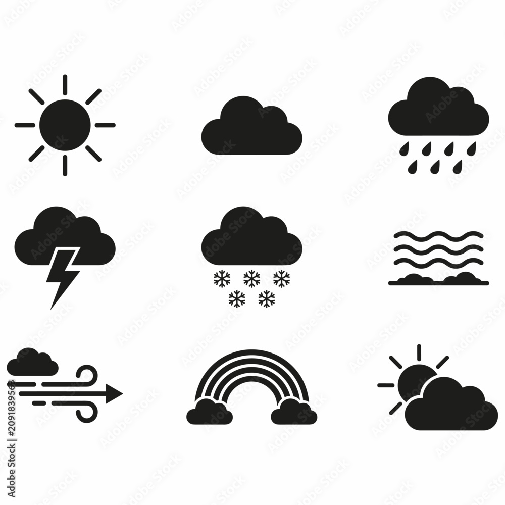 Obraz premium A collection of nine black silhouette weather icons including sun, clouds, rain, snow, lightning, wind, waves, and a rainbow.