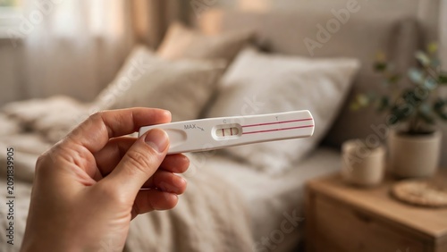 Hand holding positive pregnancy test in cozy bedroom setting