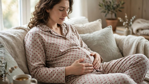 Pregnant woman relaxing on cozy sofa in comfortable home setting