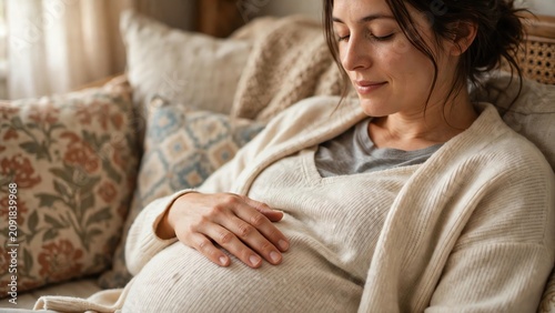 Pregnant woman relaxing on sofa in cozy home setting