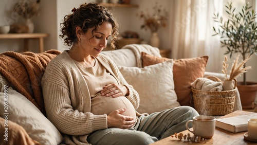 Pregnant woman relaxing on cozy sofa in warm living room