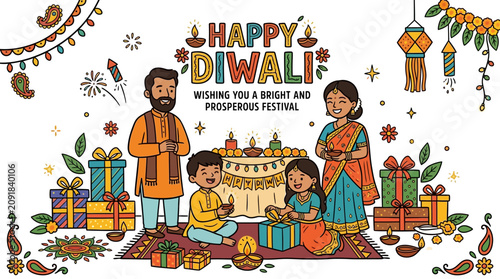 Colorful Diwali festival illustration depicting family celebrating with diyas and traditional attire for a joyful festive