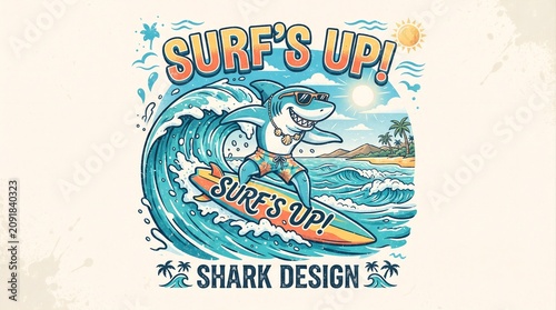 Cartoon illustration featuring an anthropomorphic shark surfing on a colorful wave using a surfboard labeled 