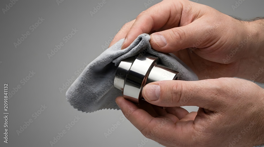 Fototapeta premium Hands polishing a chrome metal object with a grey microfiber cloth.