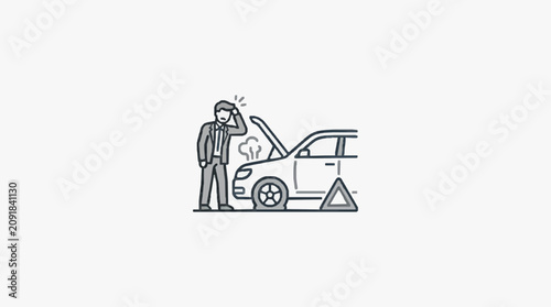 Fotografie Sleek Monochrome Line Drawing of Frustrated Man with Broken Down Car Emitting Sm