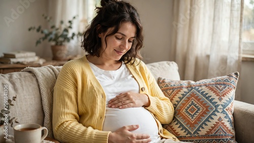 Pregnant woman relaxing on sofa with cozy home interior