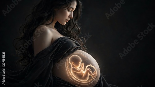 Pregnant woman with glowing fetus illustration on dark background