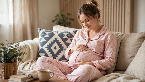 Pregnant woman relaxing on sofa in cozy home interior