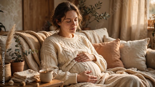 Pregnant woman relaxing on cozy sofa in warm, sunlit living room