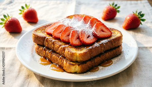 french strawberry toast with maple syrup on a plate