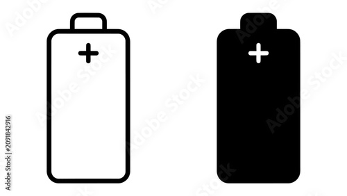 Foto Battery Icons: Two icons representing a battery, one in outline and the other in solid black, showing the positive terminal symbol