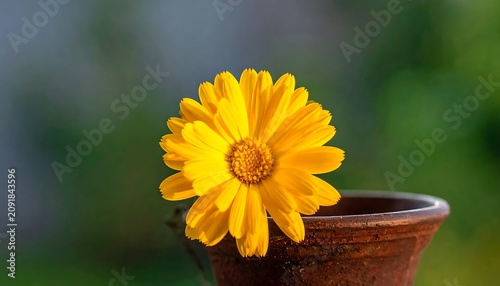 Bright Yellow Flower Blooming in Clay Pot Against Blurred Green Garden Background