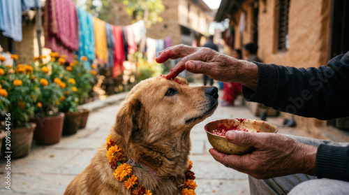 Dog receives blessing with red powder during Tihar festival celebration.