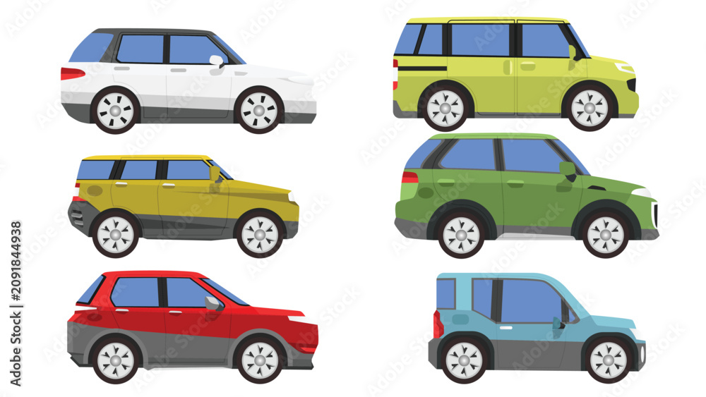 Naklejka premium Collection of vector illustration displays a collection of six stylized SUV cars shown in side profile. Each vehicle features a unique color, including white, yellow, green, and red, arranged in a sim