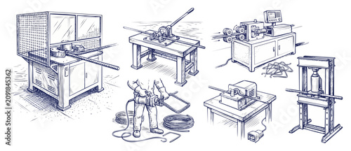 Bild auf Leinwand Rebar bending machine metal processing equipment sketch set