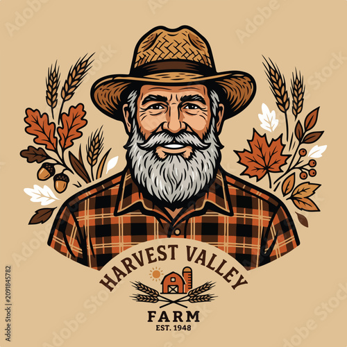 Vintage Illustration of a Bearded Farmer for Harvest Valley Farm.