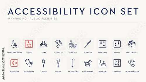Modern flat accessibility icon set with various disability and aid symbols