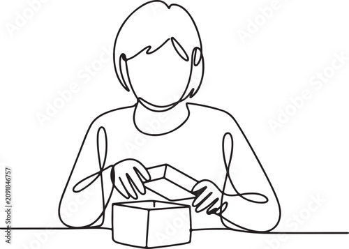 Continuous line art vector illustration of a young man sitting at table opening or packing a cardboard box package parcel and Line Art Illustration