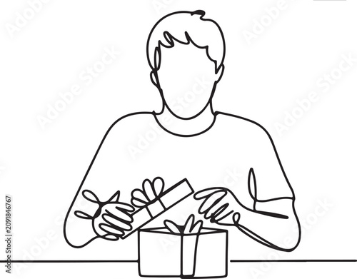 Continuous line art vector illustration of a young man sitting at table opening or packing a cardboard box package parcel and Line Art Illustration