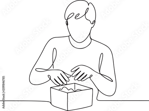 Continuous line art vector illustration of a young man sitting at table opening or packing a cardboard box package parcel and Line Art Illustration