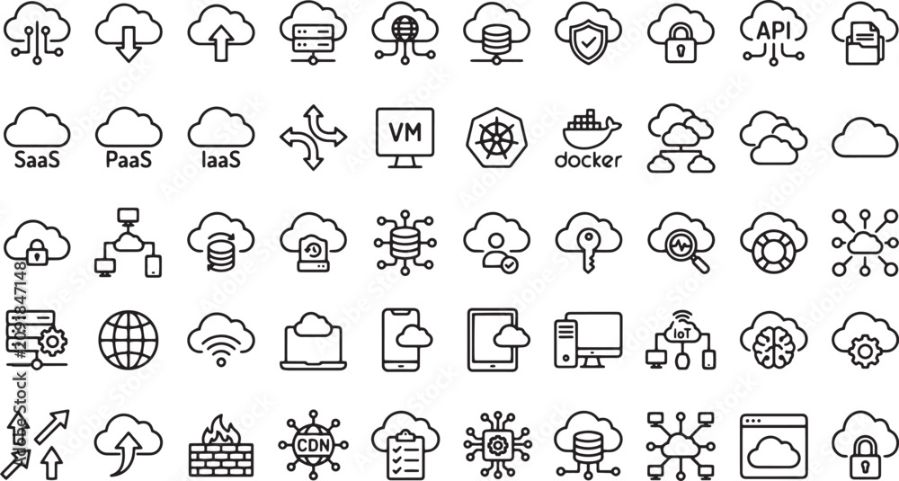 Fototapeta premium Cloud computing line icons set, 50 network infrastructure vector symbols, data storage and server technology icons for web design and app development