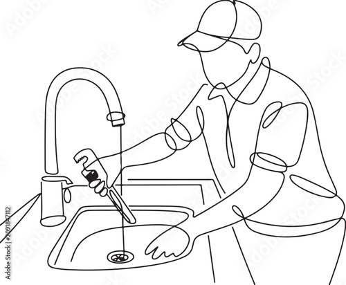 A black and white line art illustration of a plumber fixing a faucet with a wrench. This image is suitable for websites or blogs about home repair, plumbing
