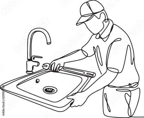 A black and white line art illustration of a plumber fixing a faucet with a wrench. This image is suitable for websites or blogs about home repair, plumbing