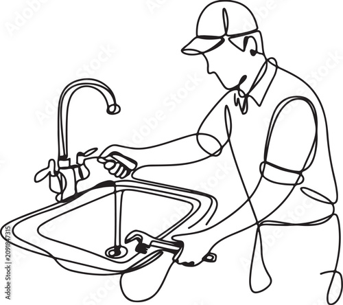 A black and white line art illustration of a plumber fixing a faucet with a wrench. This image is suitable for websites or blogs about home repair, plumbing