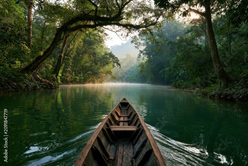 Rainforest river canoe navigating through dense tropical jungle at sunrise with morning mist for travel and eco-tourism marketing