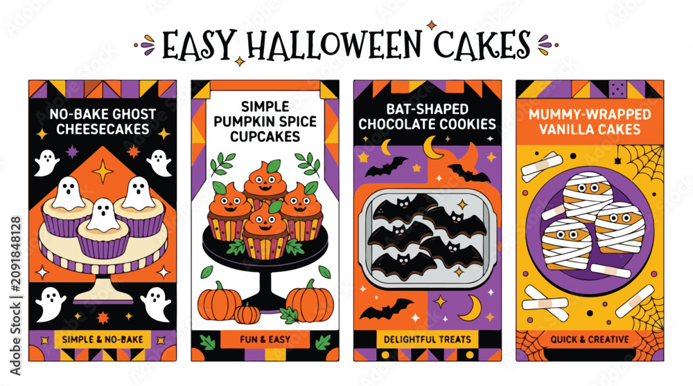 Fototapeta premium Halloween dessert ideas with ghost cheesecakes, pumpkin spice cupcakes, bat cookies, and vanilla cakes