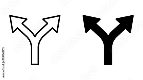 Cuadro en lienzo Fork in the Road: Two stylized arrows, one outlined and one solid black, diverge at a junction, symbolizing a decision point or divergent paths