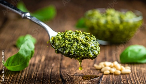 Fresh Green Pesto on Spoon with Basil Leaves and Pine Nut on Rustic Wooden Table