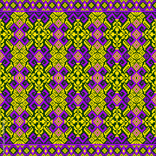 seamless geometric pattern
Patterns, culture, folk art, floral or diamond motifs, yellow and pink colors, zigzag lines, black background, patterns used in fashion, textile work.