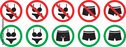 Billede på lærred Vector icon set showing acceptable and unacceptable swimwear at a beach or pool,