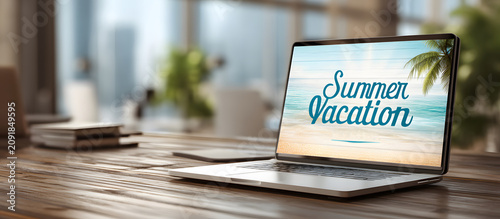 Tropical beach on PC screen with summer vacation text. Summer vacation time concept in the office